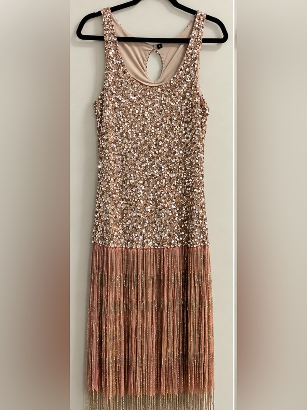 Sleeveless Rose Gold Sequin Fringe Dress